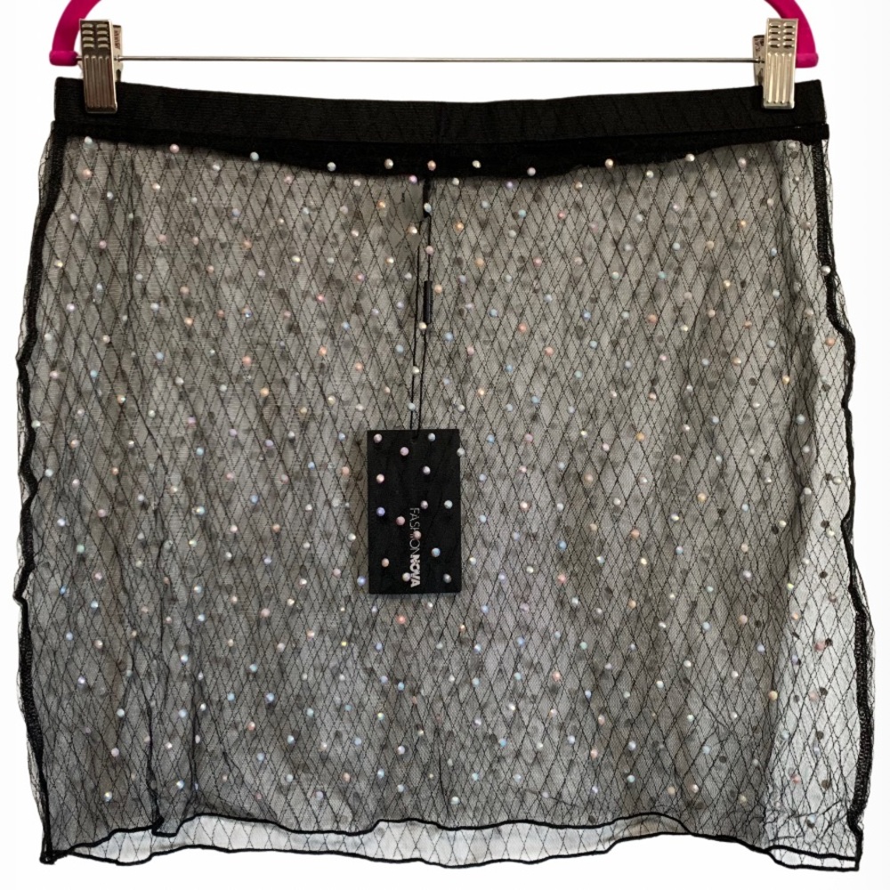 Fashion Nova Pool Party VIP Rhinestone Embellished Mesh Mini Swim Coverup Skirt
